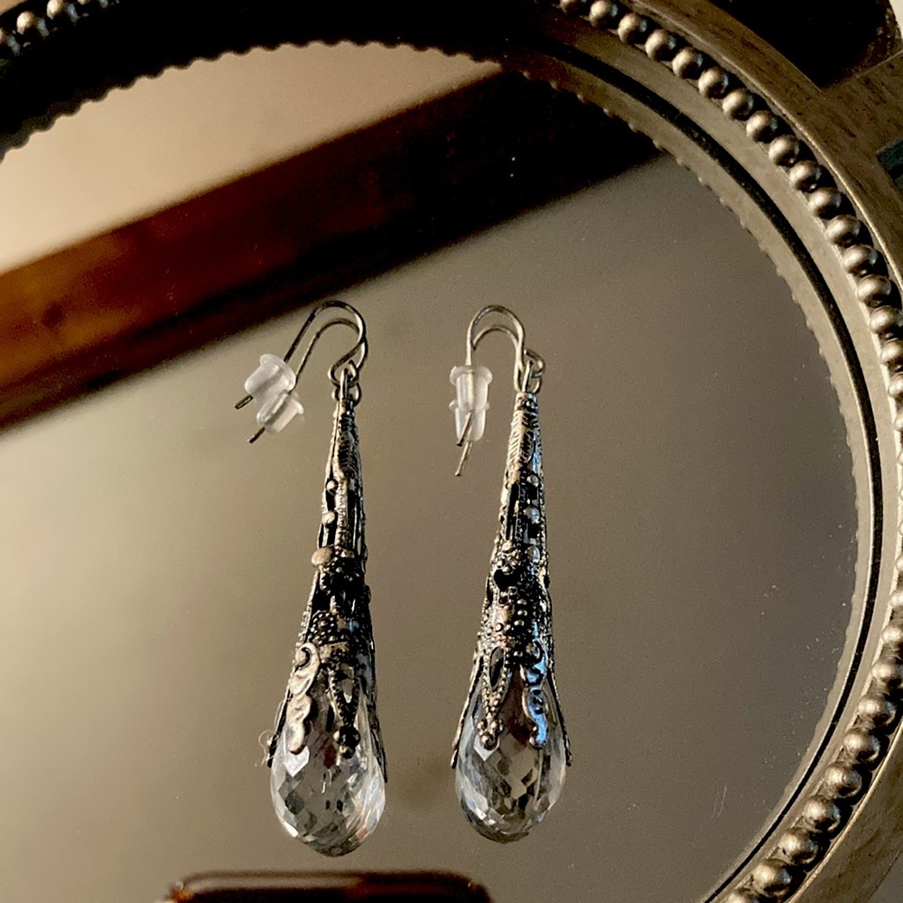 Earrings. Cool Medieval drop Silver tone and clear earrings.
